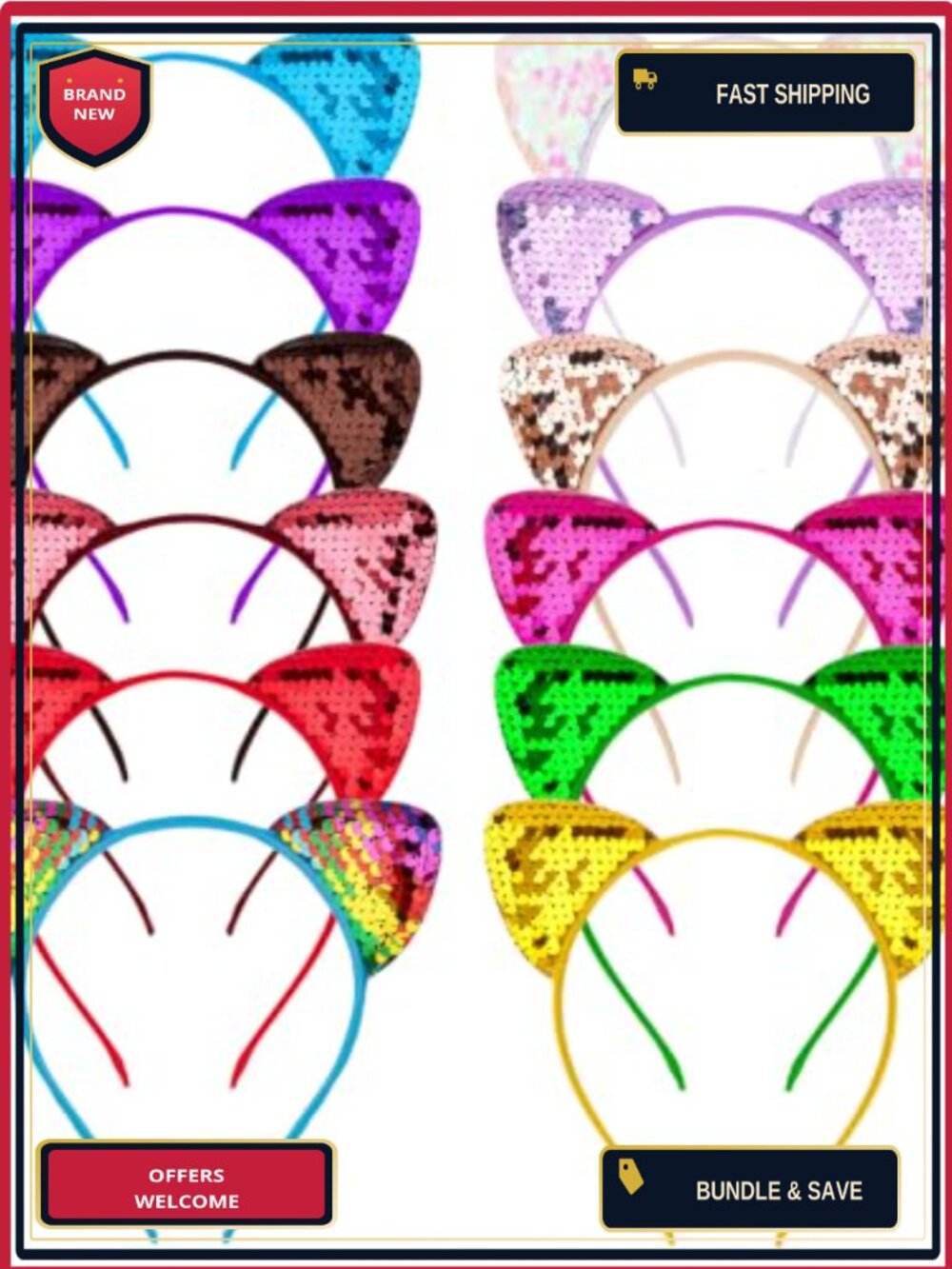 12 PCS Sequin Cat Ears Headband Bulk Party Favor Cosplay Costume Accessory